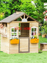 Load image into Gallery viewer, Wooden Kids Playhouse, Adventures Cottage, with Working Door, Windows, Bench, Service Station, Flowers Pot Holder