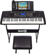 Load image into Gallery viewer, RockJam 61 Key Keyboard Piano With LCD Display Kit, Stand, Bench, Headphones, Simply App & Keynote Stickers