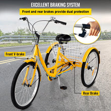 Load image into Gallery viewer, 1-Speed 3 Wheel Adult Tricycle 24'' Yellow Trike Bicycle Bike with Large Basket for Riding Front V-brake