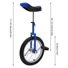 Load image into Gallery viewer, 16 Inch Wheel Unicycle with Steel Rim Outdoor Sports Fitness Exercise Unicycle Adjustable Height 26'' to 31''