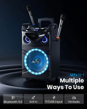 Load image into Gallery viewer, Moukey Karaoke Machine, 12" Woofer PA System, Portable Bluetooth Speaker with 2 Wireless Microphones, Party Lights and Echo/Treb