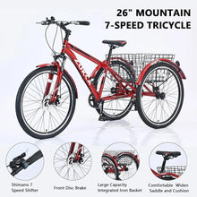 Load image into Gallery viewer, ZUKK Adult Moutain Tricycle, 26 Inch 3 Wheel Bikes,3 Wheeled 7-Speed Mountain Tricycle for Adults with Large Shopping Baskets