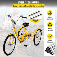 Load image into Gallery viewer, 1-Speed 3 Wheel Adult Tricycle 24'' Yellow Trike Bicycle Bike with Large Basket for Riding Front V-brake