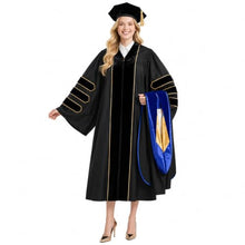 Load image into Gallery viewer, HX Graday Black Doctoral Graduation Gown Set with Tam and Hood, PhD Cap and Gown Academic Regalia
