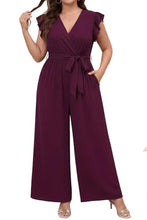Load image into Gallery viewer, Chevibe Plus Size Jumpsuits for Women V Neck Ruffle Sleeve Wide Leg Rompers with Pockets Belted High Waist Casual Formal Jumpsuit
