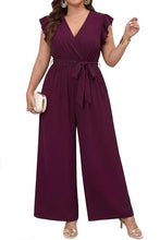 Load image into Gallery viewer, Chevibe Plus Size Jumpsuits for Women V Neck Ruffle Sleeve Wide Leg Rompers with Pockets Belted High Waist Casual Formal Jumpsuit
