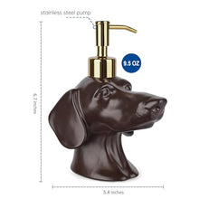 Load image into Gallery viewer, Dachshund Dog Shaped Soap/Lotion/Hand Sanitizer Weiner Ceramic Stainless Steel Pump Dispenser Gift for Dog Lover, Refillable for Kitchen and Bathroom(Brown)

