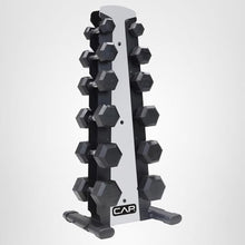Load image into Gallery viewer, CAP Barbell 210 lb Rubber Coated Hex Dumbbell Set with Vertical Rack - Silver Rack
