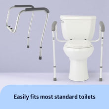 Load image into Gallery viewer, Foldable Toilet Safety Rail with Adjustable Height – Universal Fit for Standard or Elevated Seats – Aluminum Frame, Width Adjustable Armrests, Easy Install Over Toilet – Retail Box
