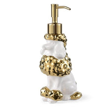 Load image into Gallery viewer, NEWHENGS Poodle Shaped Soap/Lotion/Hand Sanitizer Ceramic Dog Lover Stainless Steel Pump Dispenser for Dog Mom Gifts, Refillable for Kitchen and Bathroom (Gold/White)
