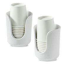 Load image into Gallery viewer, Dobbyby Ceramic Bathroom Cup Dispenser with Stylish Vertical Stripes - Disposable Mouthwash Cup Holder Holds 3-4oz Paper Cups for Rinsing Cups on Bathroom Vanity Countertops (White-White-2 Pack)
