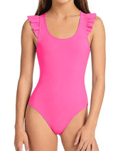 Load image into Gallery viewer, DOCUMO Girls One Piece Swimsuit Ruffle Quick Dry Bathing Suit for Kids 6-15Y, Tropical/Leopard/Tie Dye Printed Beach Swimsuit (Hot Pink, Small)
