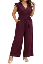 Load image into Gallery viewer, Chevibe Plus Size Jumpsuits for Women V Neck Ruffle Sleeve Wide Leg Rompers with Pockets Belted High Waist Casual Formal Jumpsuit
