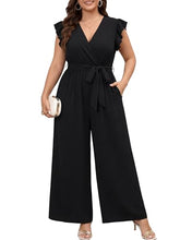 Load image into Gallery viewer, Chevibe Plus Size Jumpsuits for Women V Neck Ruffle Sleeve Wide Leg Rompers with Pockets Belted High Waist Casual Formal Jumpsuit
