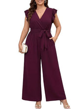 Load image into Gallery viewer, Chevibe Plus Size Jumpsuits for Women V Neck Ruffle Sleeve Wide Leg Rompers with Pockets Belted High Waist Casual Formal Jumpsuit
