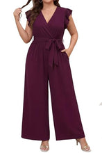 Load image into Gallery viewer, Chevibe Plus Size Jumpsuits for Women V Neck Ruffle Sleeve Wide Leg Rompers with Pockets Belted High Waist Casual Formal Jumpsuit
