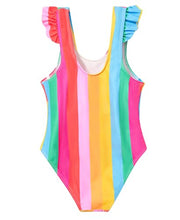 Load image into Gallery viewer, DOCUMO Girls One Piece Swimsuit Ruffle Quick Dry Bathing Suit for Kids 6-15Y, Tropical/Leopard/Tie Dye Printed Beach Swimsuit (Rainbow Stripes, Small)
