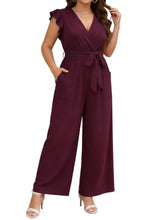 Load image into Gallery viewer, Chevibe Plus Size Jumpsuits for Women V Neck Ruffle Sleeve Wide Leg Rompers with Pockets Belted High Waist Casual Formal Jumpsuit
