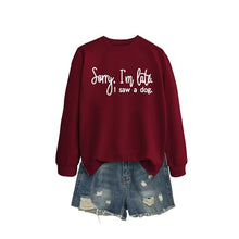 Load image into Gallery viewer, Sorry I'm Late I Saw A Dog Sweatshirt Women Funny Dog Lover Shirt Casual Crew Neck Long Sleeve Pullovers Lightweight Wine Red
