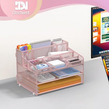 Load image into Gallery viewer, Docnest 3 Tier Mesh Desk Organizer for Paper Office Supplies – Multi-Functional Letter Tray with 5 Adjustable Compartments, 3 Pen Holders, Desktop Storage for Files, Mail, Stationery – Pink
