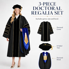 Load image into Gallery viewer, HX Graday Black Doctoral Graduation Gown Set with Tam and Hood, PhD Cap and Gown Academic Regalia
