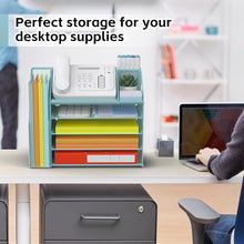 Load image into Gallery viewer, DocNest 5 Tier Paper Letter Tray File Organizer, Mesh Desk File with Handle, Workspace Desk Organizers with Pen Holder, Office Organization Storage Accessories - Blue
