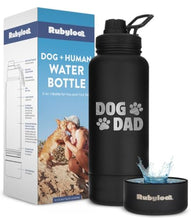 Load image into Gallery viewer, Dog Dad Water Bottle – 32 oz Stainless Steel Double Wall Insulated with 8 oz Detachable Bowl on Bottom – Cool Dog Dad Gifts for Father's Day, Hiking, Walking, Travel &amp; Everyday Adventures – DD Black
