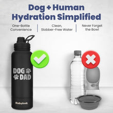 Load image into Gallery viewer, Dog Dad Water Bottle – 32 oz Stainless Steel Double Wall Insulated with 8 oz Detachable Bowl on Bottom – Cool Dog Dad Gifts for Father's Day, Hiking, Walking, Travel &amp; Everyday Adventures – DD Black
