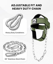Load image into Gallery viewer, DMoose Fitness Neck Harness for Weight Lifting - Soft Padded Head &amp; Chin Strap with 30" Heavy Duty Steel Chain - Neck Exerciser, Trainer &amp; Strengthener to Support Injury Recovery (Military Green)
