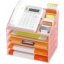 Load image into Gallery viewer, DocNest 5 Tier Metal Mesh Letter Tray - Space Saving Desk File Organizer with Handle, Pen Holder &amp; Folder Holder - Desktop Document Sorter for Office, Home, School, Classroom - Pink
