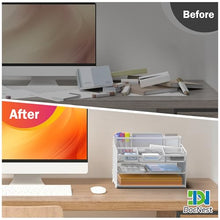 Load image into Gallery viewer, Docnest 3 Tier Mesh Desk Organizer for Paper Office Supplies – Multi-Functional Letter Tray with 5 Adjustable Compartments, 3 Pen Holders, Desktop Storage for Files, Mail, Stationery – White
