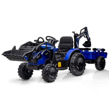 Load image into Gallery viewer, 24V Kids Electric Car, 2 Seater Ride On Car for Kids, Excavator &amp; Bulldozer, Electric Vehicle w/Trailer, Digger, Blue
