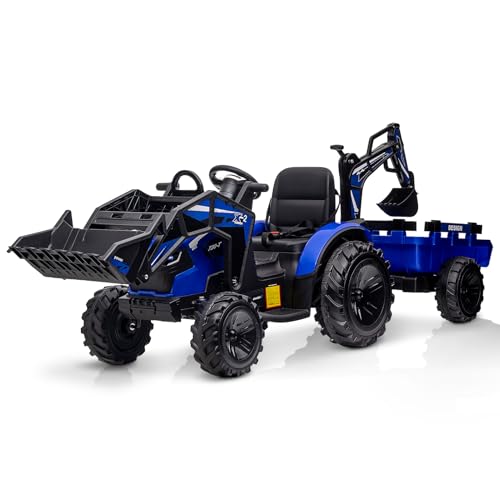 24V Kids Electric Car, 2 Seater Ride On Car for Kids, Excavator & Bulldozer, Electric Vehicle w/Trailer, Digger, Blue