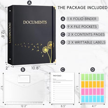Load image into Gallery viewer, XKDOUS Important Document Organizer Emergency Binder Life Organizer Folio Folders with 9 Pockets Expanding File Storage Holder for Papers, Letters, Cards, Bills, Passports, Photos
