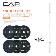 Load image into Gallery viewer, CAP Barbell 160 lb Economy Olympic Weight Set with 7ft Chrome Barbell &amp; Black Bumper Plates
