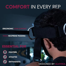 Load image into Gallery viewer, ALKYRIA Neck Harness Weight Lifting Trainer - Adjustable Neck Exerciser &amp; Strengthener for Gym, Boxing, and Home Training - Padded Head Harness with Bonus Jaw Exerciser &amp; Mesh Bag
