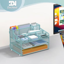 Load image into Gallery viewer, Docnest 3 Tier Mesh Desk Organizer for Paper Office Supplies – Multi-Functional Letter Tray with 5 Adjustable Compartments, 3 Pen Holders, Desktop Storage for Files, Mail, Stationery – Blue
