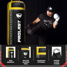 Load image into Gallery viewer, PROLAST 4Ft 135Lb XL Heavy Punching Boxing Bag for Adults, MMA, Martial Arts, Muay Thai, Kicking, Strength Training Equipment, Filled, New Edition Logo, Black and Yellow
