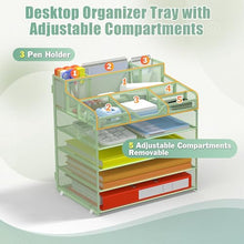 Load image into Gallery viewer, Docnest 5 Tier Mesh Desk Organizer for Paper Office Supplies – Multi-Functional Letter Tray with 5 Adjustable Compartments, 3 Pen Holders, Desktop Storage for Files, Mail, Stationery – Green
