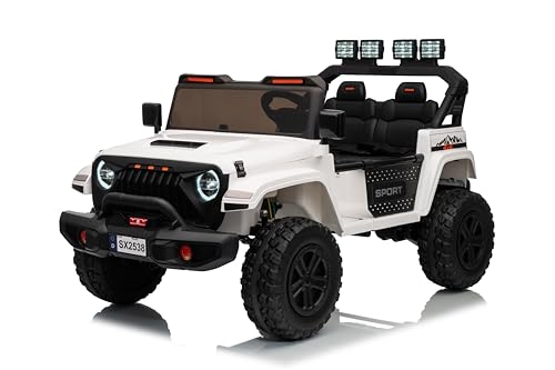 2 Seater Ride On Car for Kids, 24V Electric Power Ride On Truck Toy with Remote Control, Adjustable Car Body, White ﻿