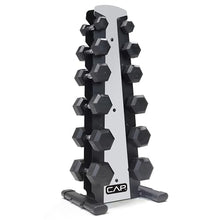 Load image into Gallery viewer, CAP Barbell 210 lb Rubber Coated Hex Dumbbell Set with Vertical Rack - Silver Rack
