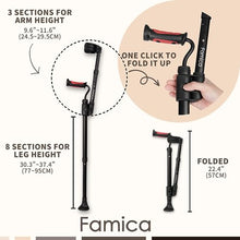 Load image into Gallery viewer, Famica Crutch for Adult (x1 Unit, Open Cuff) - Adjustable Ergonomic Handles, Cuff, Height, Foldable, Lightweight and Non-slip Forearm Crutches
