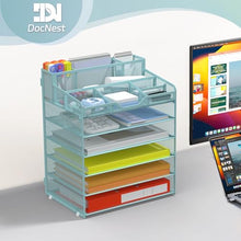 Load image into Gallery viewer, Docnest 6 Tier Mesh Desk Organizer for Paper Office Supplies – Multi-Functional Letter Tray with 5 Adjustable Compartments, 7 Pen Holders, Desktop Storage for Files, Mail, Stationery – Blue
