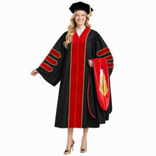 Load image into Gallery viewer, Red Doctoral Graduation Gown Set with Tam and Hood, PhD Cap and Gown Academic Regalia

