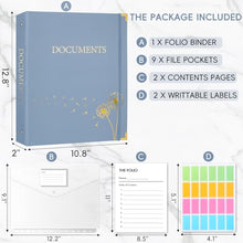 Load image into Gallery viewer, XKDOUS Important Document Organizer Emergency Binder Life Organizer Folio Folders with 9 Pockets Expanding File Storage Holder for Papers, Letters, Cards, Bills, Passports, Photos
