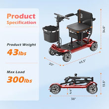 Load image into Gallery viewer, Lightweight Mobility Scooter for Adults &amp; Seniors - Cruise &amp; Airport Approved, 43lb Foldable Portable Motorized Scooters with Dual Lithium Batteries for 24.8 Miles Travel, 300lb Capacity, Red
