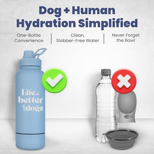 Load image into Gallery viewer, Dog Water Bottle for Dog Lovers - 32 oz Stainless Steel Double Wall Insulated Water Bottle with 8 oz Detachable Bowl - Doggy Lover Gift for Hiking, Walking, Travel - “Life is Better” - Dusty Blue
