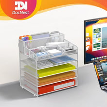 Load image into Gallery viewer, Docnest 5 Tier Mesh Desk Organizer for Paper Office Supplies – Multi-Functional Letter Tray with 5 Adjustable Compartments, 3 Pen Holders, Desktop Storage for Files, Mail, Stationery – White
