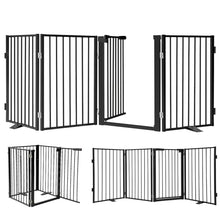 Load image into Gallery viewer, Snagle Paw Metal Freestanding Dog Gate with Door, 80” W x 24” H Dog Fence with Support Feet for Doorways, Stairs and Hallways, Portable Pet Gate for Indoor Use (4 Panel, Black)
