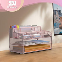 Load image into Gallery viewer, Docnest 3 Tier Mesh Desk Organizer for Paper Office Supplies – Multi-Functional Letter Tray with 5 Adjustable Compartments, 3 Pen Holders, Desktop Storage for Files, Mail, Stationery – Pink
